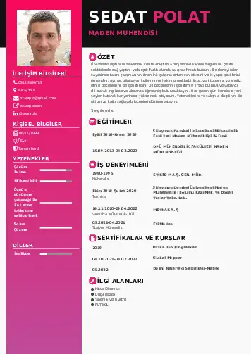 Maden Mühendisi Cv Örnekleri cv indir